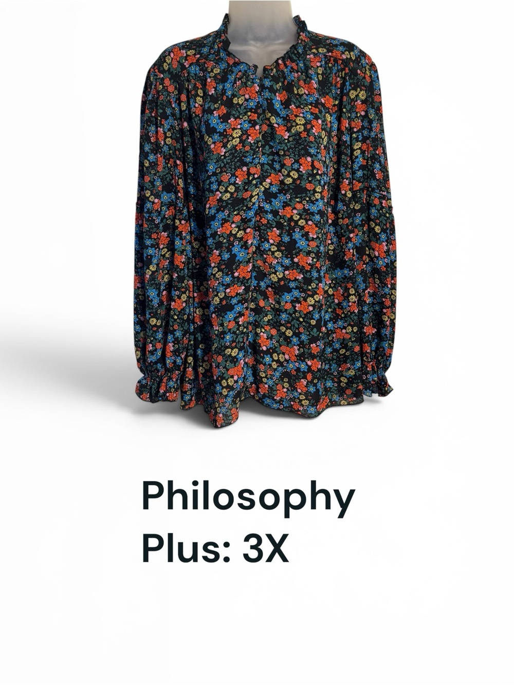 Black-Multi Floral Blouse w/Zipper YOU DECIDE how DEEP the V-Neck PLUS: 3X #11 - Picture 1 of 12